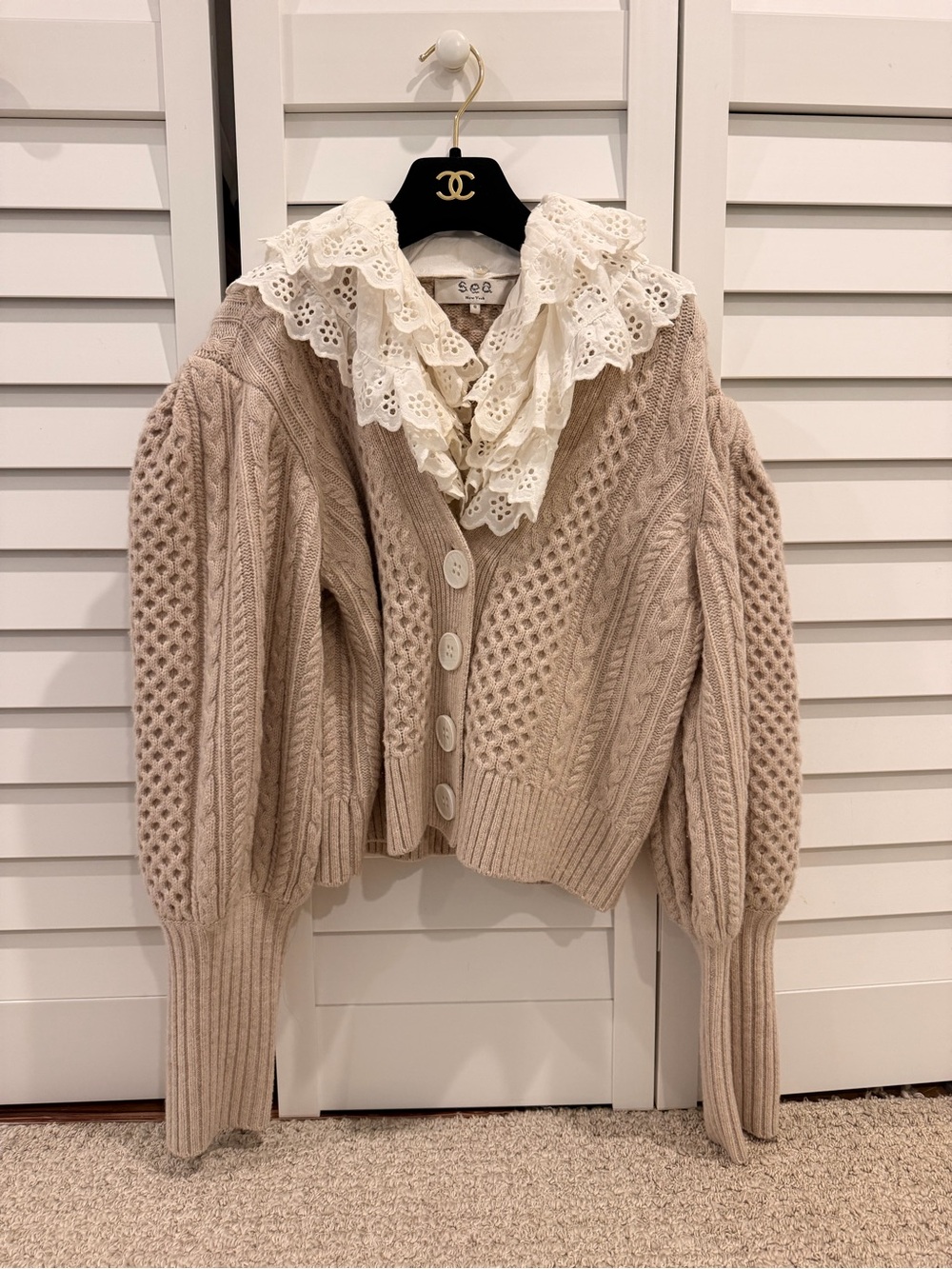 Sea NY- Women's Cream Cable Knit Button Cardigan Sweater - Picture 2 of 6